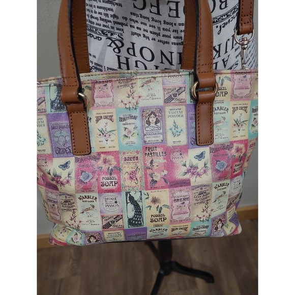 Fossil Crossbody Purse Tote Vintage Soap Label design print multi pocket boho - Picture 3 of 11